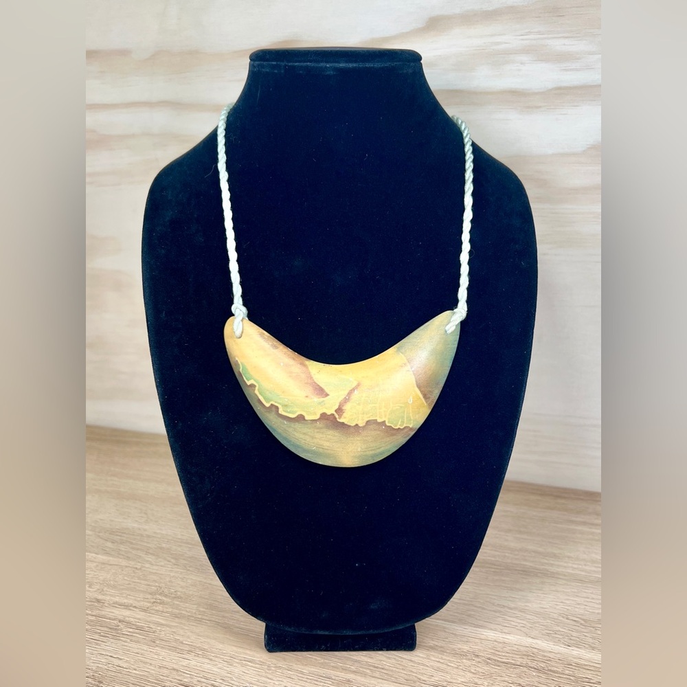 Vintage Magda K Handcrafted Wooden Crescent Pendant Necklace